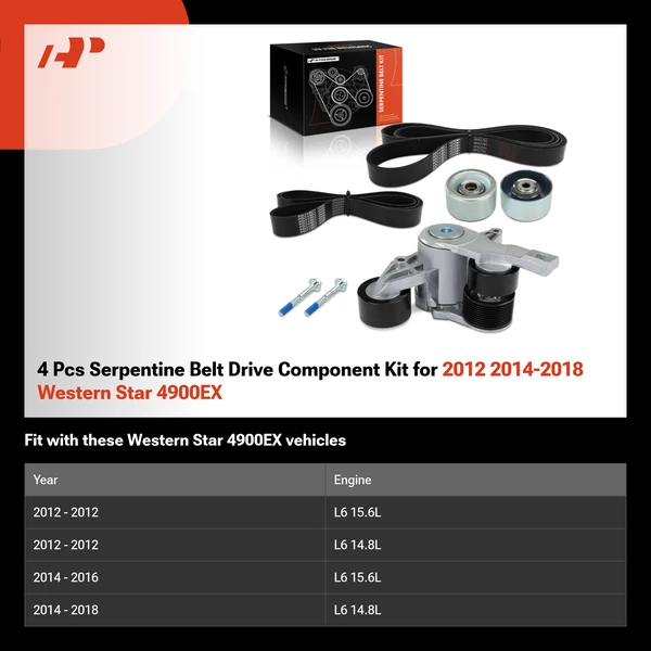 4 Pcs Serpentine Belt Drive Component Kit for 2012 2014-2018 Western Star 4900EX