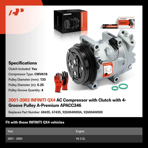 2001-2003 INFINITI QX4 AC Compressor with Clutch with 4-Groove Pulley A-Premium APACC346