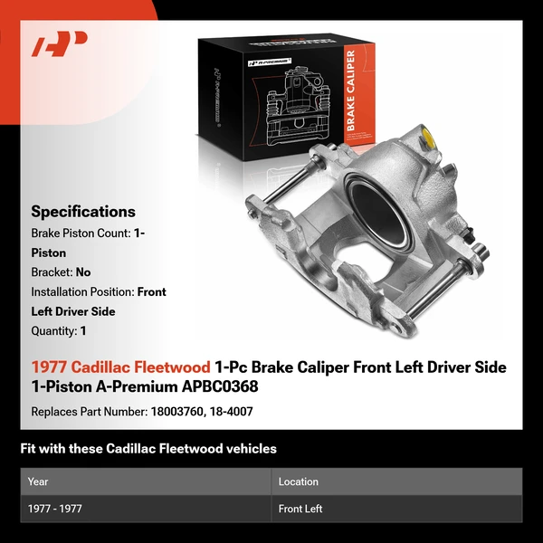 1977 Cadillac Fleetwood 1-Pc Brake Caliper Front Left Driver Side 1-Piston A-Premium APBC0368