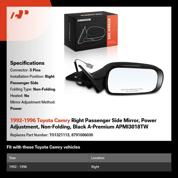 1992-1996 Toyota Camry Right Passenger Side Mirror, Power Adjustment, Non-Folding, Black A-Premium APMI3018TW