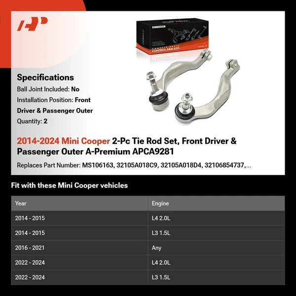 2014-2024 Mini Cooper 2-Pc Tie Rod Set, Front Driver & Passenger Outer A-Premium APCA9281