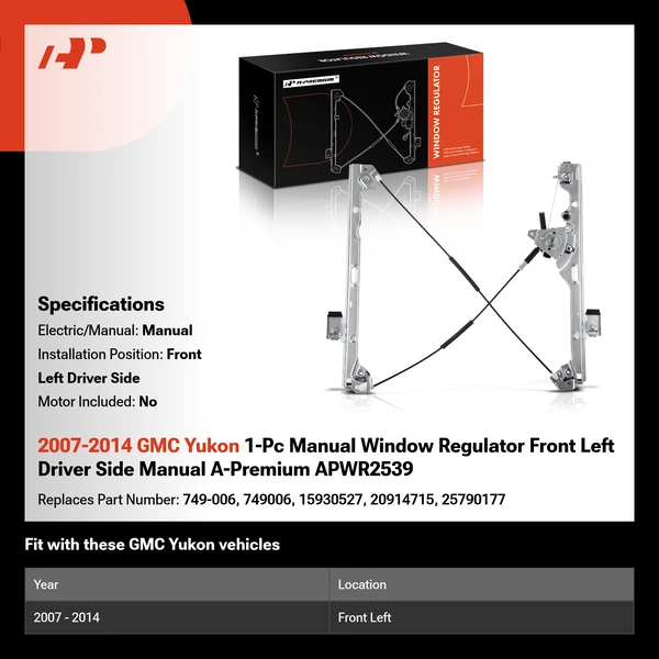 2007-2014 GMC Yukon 1-Pc Manual Window Regulator Front Left Driver Side Manual A-Premium APWR2539