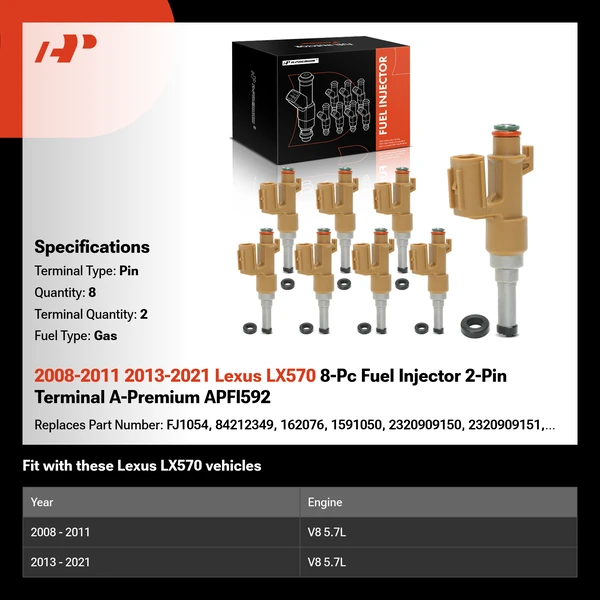 2008-2011 2013-2021 Lexus LX570 8-Pc Fuel Injector 2-Pin Terminal A-Premium APFI592