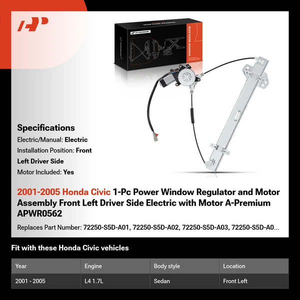 2001-2005 Honda Civic 1-Pc Power Window Regulator and Motor Assembly Front Left Driver Side Electric with Motor A-Premium APWR0562