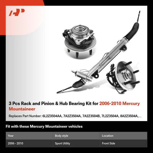 3 Pcs Rack and Pinion & Hub Bearing Kit for 2006-2010 Mercury Mountaineer