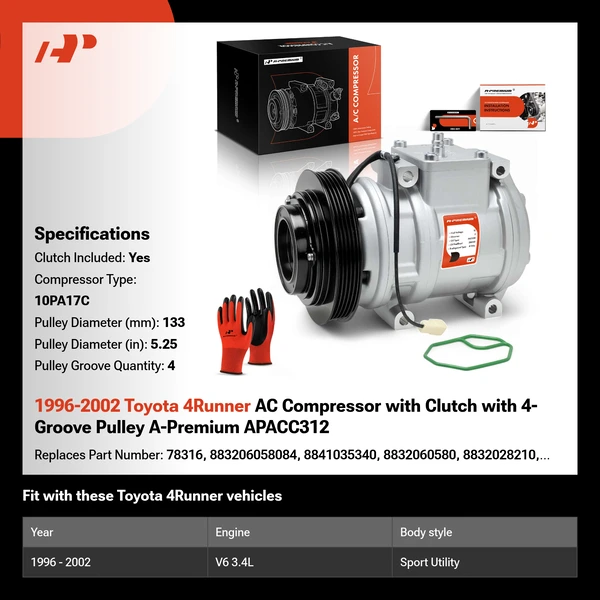 1996-2002 Toyota 4Runner AC Compressor with Clutch with 4-Groove Pulley A-Premium APACC312