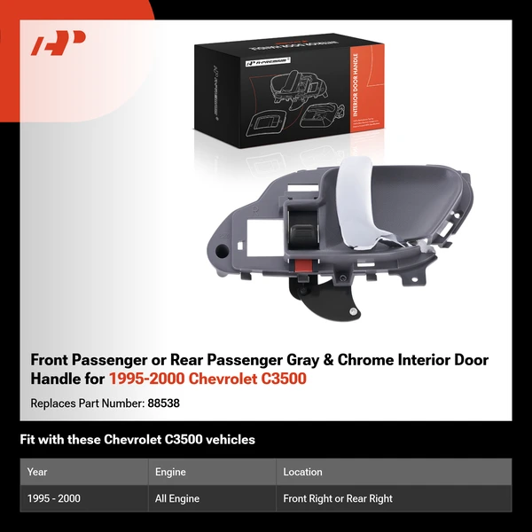 Front Passenger or Rear Passenger Gray & Chrome Interior Door Handle for 1995-2000 Chevrolet C3500
