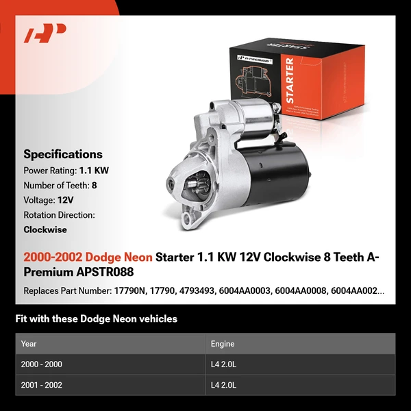 2000-2002 Dodge Neon Starter 1.1 KW 12V Clockwise 8 Teeth A-Premium APSTR088