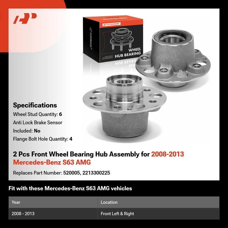2 Pcs Front Wheel Bearing Hub Assembly for 2008-2013 Mercedes-Benz S63 AMG