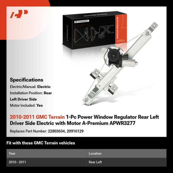 2010-2011 GMC Terrain 1-Pc Power Window Regulator Rear Left Driver Side Electric with Motor A-Premium APWR3277