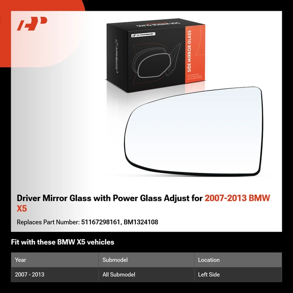 Driver Mirror Glass with Power Glass Adjust for 2007-2013 BMW X5