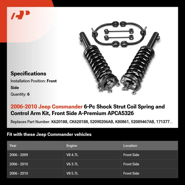 2006-2010 Jeep Commander 6-Pc Shock Strut Coil Spring and Control Arm Kit, Front Side A-Premium APCA5326