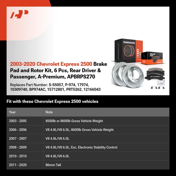 2003-2020 Chevrolet Express 2500 Brake Pad and Rotor Kit, 6 Pcs, Rear Driver & Passenger, A-Premium, APBRPS270
