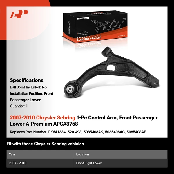 2007-2010 Chrysler Sebring 1-Pc Control Arm, Front Passenger Lower A-Premium APCA3758