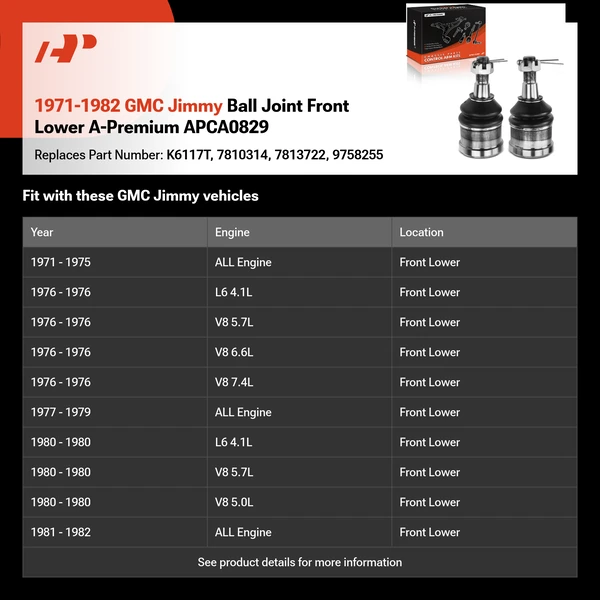 1971-1982 GMC Jimmy Ball Joint Front Lower A-Premium APCA0829