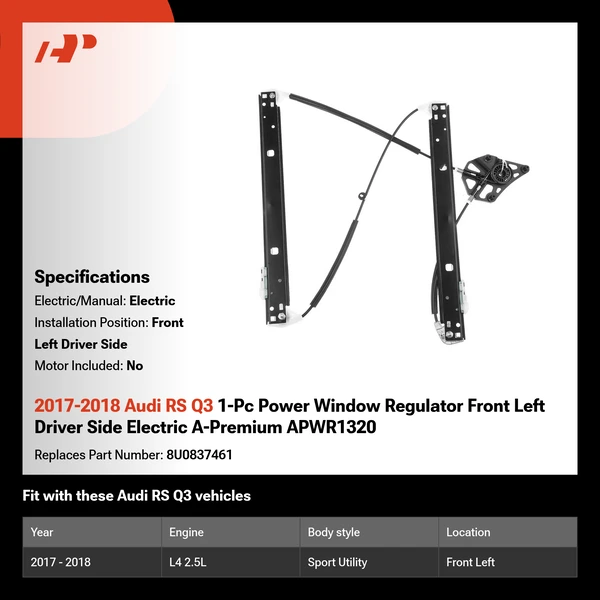 2017-2018 Audi RS Q3 1-Pc Power Window Regulator Front Left Driver Side Electric A-Premium APWR1320