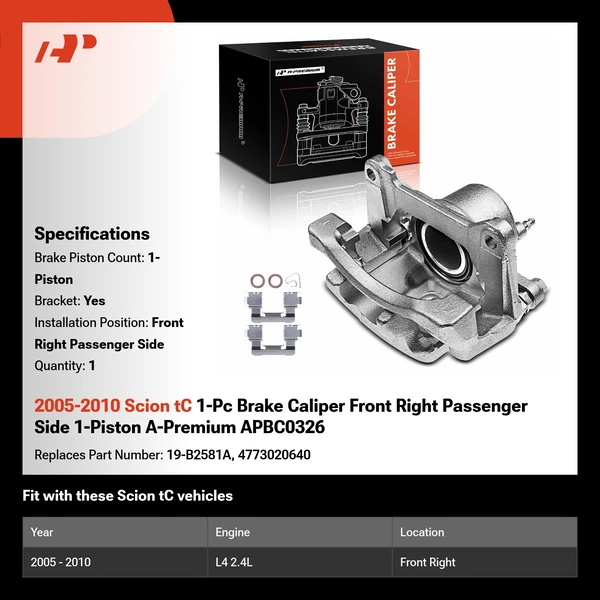2005-2010 Scion tC 1-Pc Brake Caliper Front Right Passenger Side 1-Piston A-Premium APBC0326