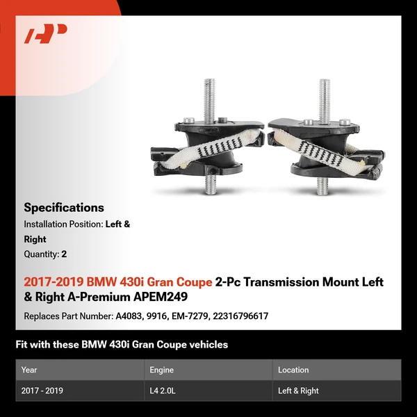 2017-2019 BMW 430i Gran Coupe 2-Pc Transmission Mount Left & Right A-Premium APEM249