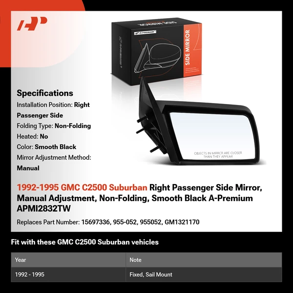 1992-1995 GMC C2500 Suburban Right Passenger Side Mirror, Manual Adjustment, Non-Folding, Smooth Black A-Premium APMI2832TW
