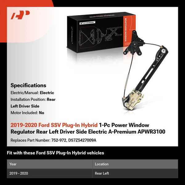 2019-2020 Ford SSV Plug-In Hybrid 1-Pc Power Window Regulator Rear Left Driver Side Electric A-Premium APWR3100