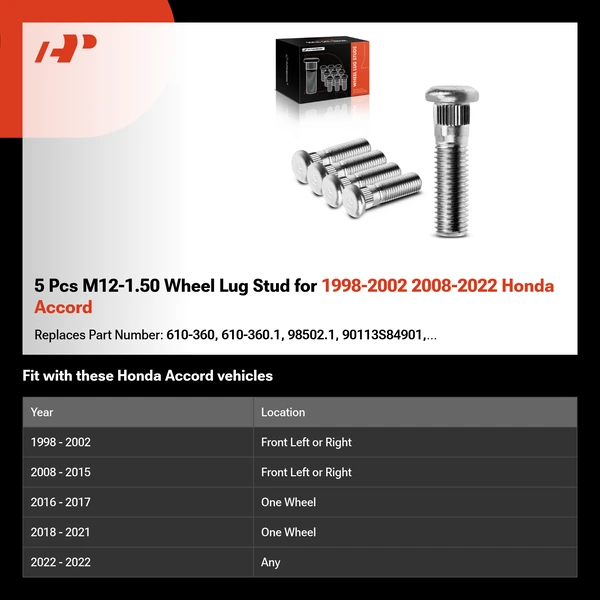 5 Pcs M12-1.50 Wheel Lug Stud for 1998-2002 2008-2022 Honda Accord