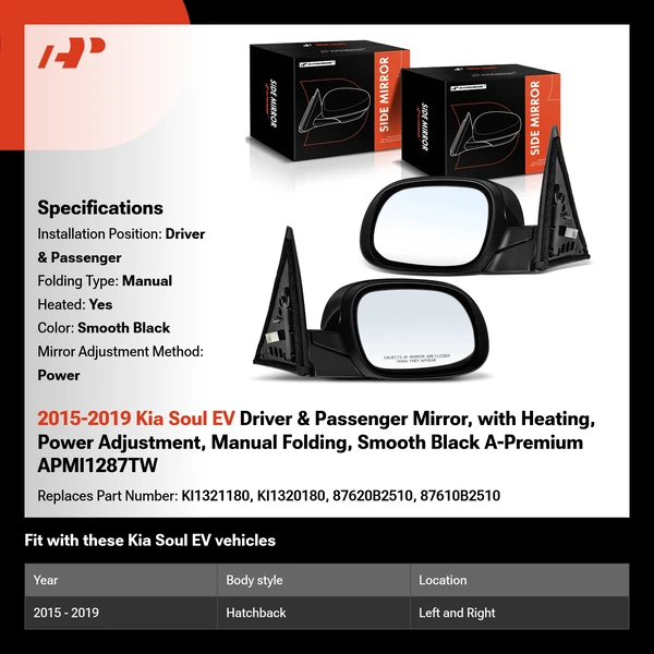 2015-2019 Kia Soul EV Driver & Passenger Mirror, with Heating, Power Adjustment, Manual Folding, Smooth Black A-Premium APMI1287TW