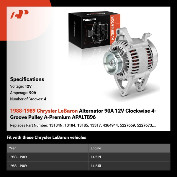 1988-1989 Chrysler LeBaron Alternator 90A 12V Clockwise 4-Groove Pulley A-Premium APALT896