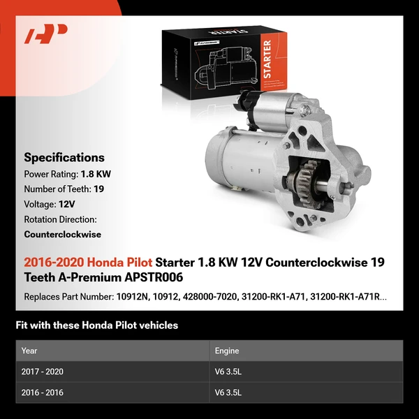 2016-2020 Honda Pilot Starter 1.8 KW 12V Counterclockwise 19 Teeth A-Premium APSTR006