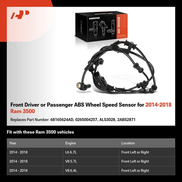 Front Driver or Passenger ABS Wheel Speed Sensor for 2014-2018 Ram 3500