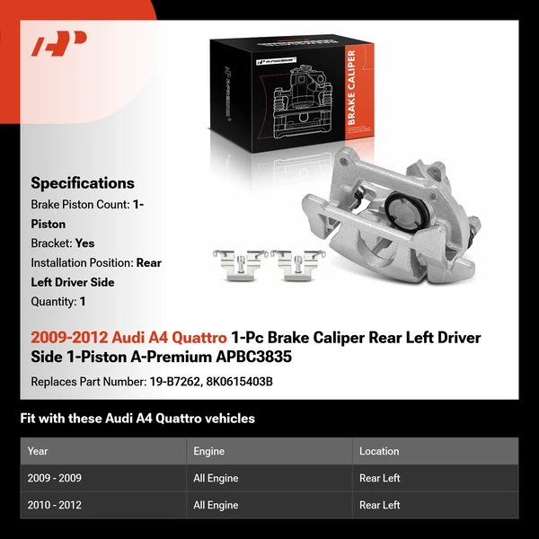 2009-2012 Audi A4 Quattro 1-Pc Brake Caliper Rear Left Driver Side 1-Piston A-Premium APBC3835