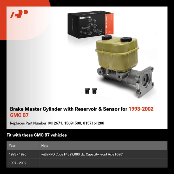 Brake Master Cylinder with Reservoir & Sensor for 1993-2002 GMC B7
