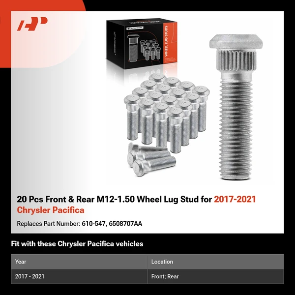 20 Pcs Front & Rear M12-1.50 Wheel Lug Stud for 2017-2021 Chrysler Pacifica