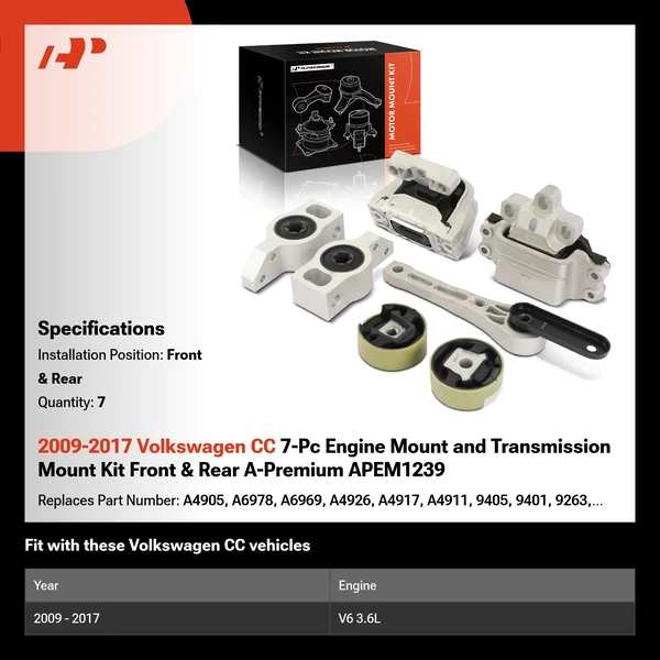 2009-2017 Volkswagen CC 7-Pc Engine Mount and Transmission Mount Kit Front & Rear A-Premium APEM1239