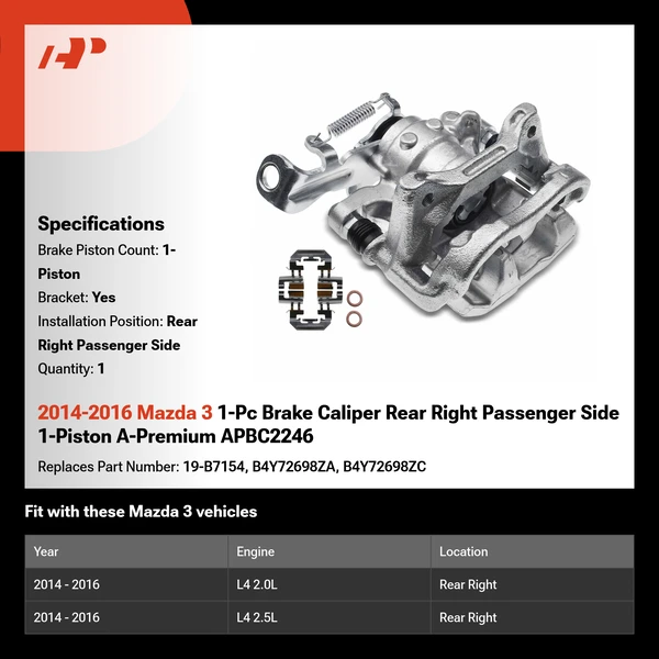 2014-2016 Mazda 3 1-Pc Brake Caliper Rear Right Passenger Side 1-Piston A-Premium APBC2246