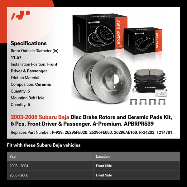 2003-2006 Subaru Baja Disc Brake Rotors and Ceramic Pads Kit, 6 Pcs, Front Driver & Passenger, A-Premium, APBRPR539