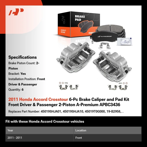 2011 Honda Accord Crosstour 6-Pc Brake Caliper and Pad Kit Front Driver & Passenger 2-Piston A-Premium APBC3436