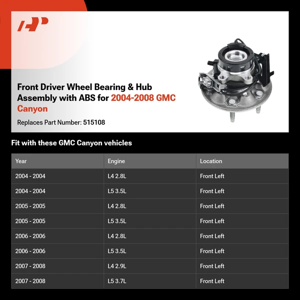 Front Driver Wheel Bearing & Hub Assembly with ABS for 2004-2008 GMC Canyon