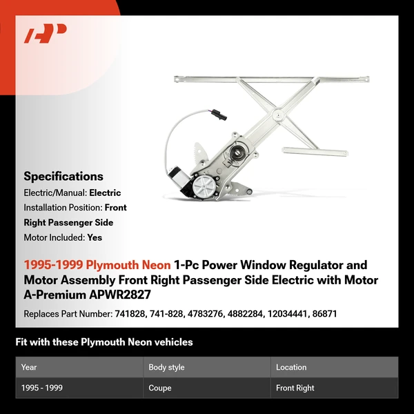 1995-1999 Plymouth Neon 1-Pc Power Window Regulator and Motor Assembly Front Right Passenger Side Electric with Motor A-Premium APWR2827