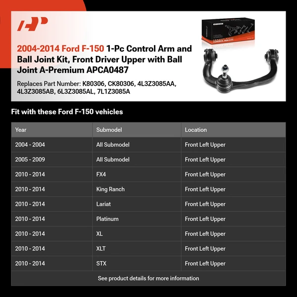 2004-2014 Ford F-150 1-Pc Control Arm and Ball Joint Kit, Front Driver Upper with Ball Joint A-Premium APCA0487