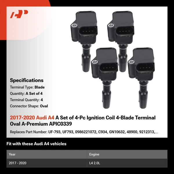 2017-2020 Audi A4 A Set of 4-Pc Ignition Coil 4-Blade Terminal Oval A-Premium APIC0339