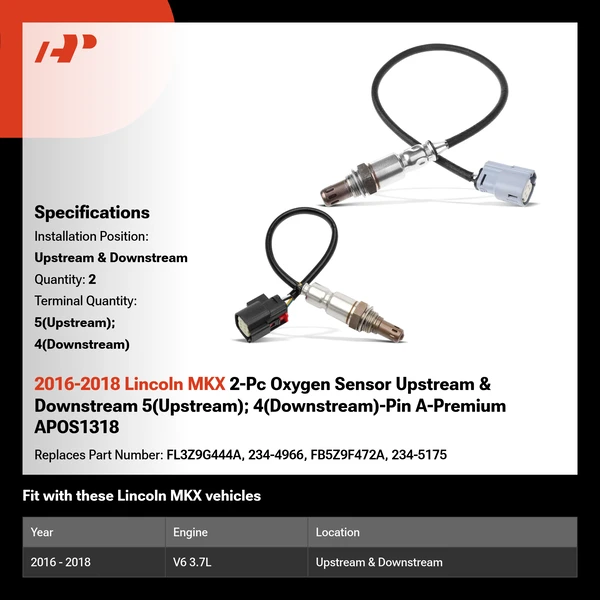 2016-2018 Lincoln MKX 2-Pc Oxygen Sensor Upstream & Downstream 5(Upstream); 4(Downstream)-Pin A-Premium APOS1318