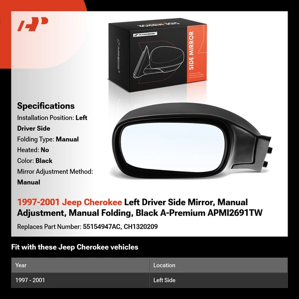 1997-2001 Jeep Cherokee Left Driver Side Mirror, Manual Adjustment, Manual Folding, Black A-Premium APMI2691TW