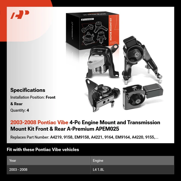 2003-2008 Pontiac Vibe 4-Pc Engine Mount and Transmission Mount Kit Front & Rear A-Premium APEM025