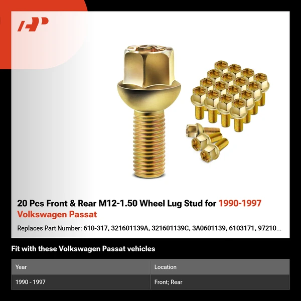 20 Pcs Front & Rear M12-1.50 Wheel Lug Stud for 1990-1997 Volkswagen Passat