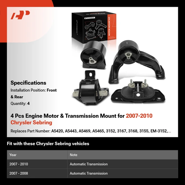 4 Pcs Engine Motor & Transmission Mount for 2007-2010 Chrysler Sebring