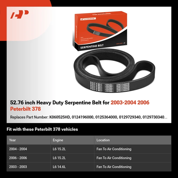 52.76 inch Heavy Duty Serpentine Belt for 2003-2004 2006 Peterbilt 378