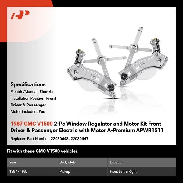 1987 GMC V1500 2-Pc Window Regulator and Motor Kit Front Driver & Passenger Electric with Motor A-Premium APWR1511