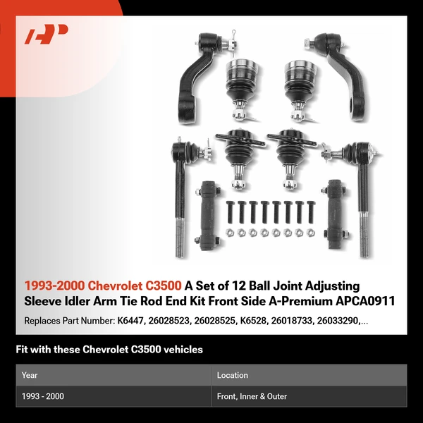 1993-2000 Chevrolet C3500 A Set of 12 Ball Joint Adjusting Sleeve Idler Arm Tie Rod End Kit Front Side A-Premium APCA0911