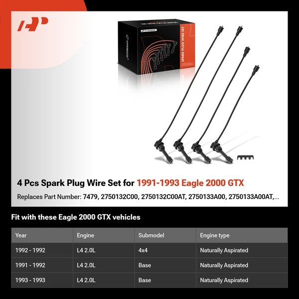 4 Pcs Spark Plug Wire Set for 1991-1993 Eagle 2000 GTX