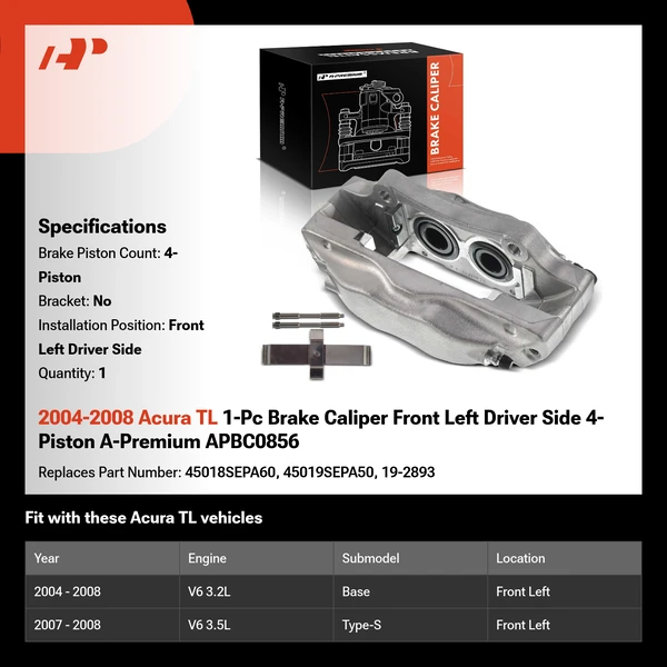 2004-2008 Acura TL 1-Pc Brake Caliper Front Left Driver Side 4-Piston A-Premium APBC0856